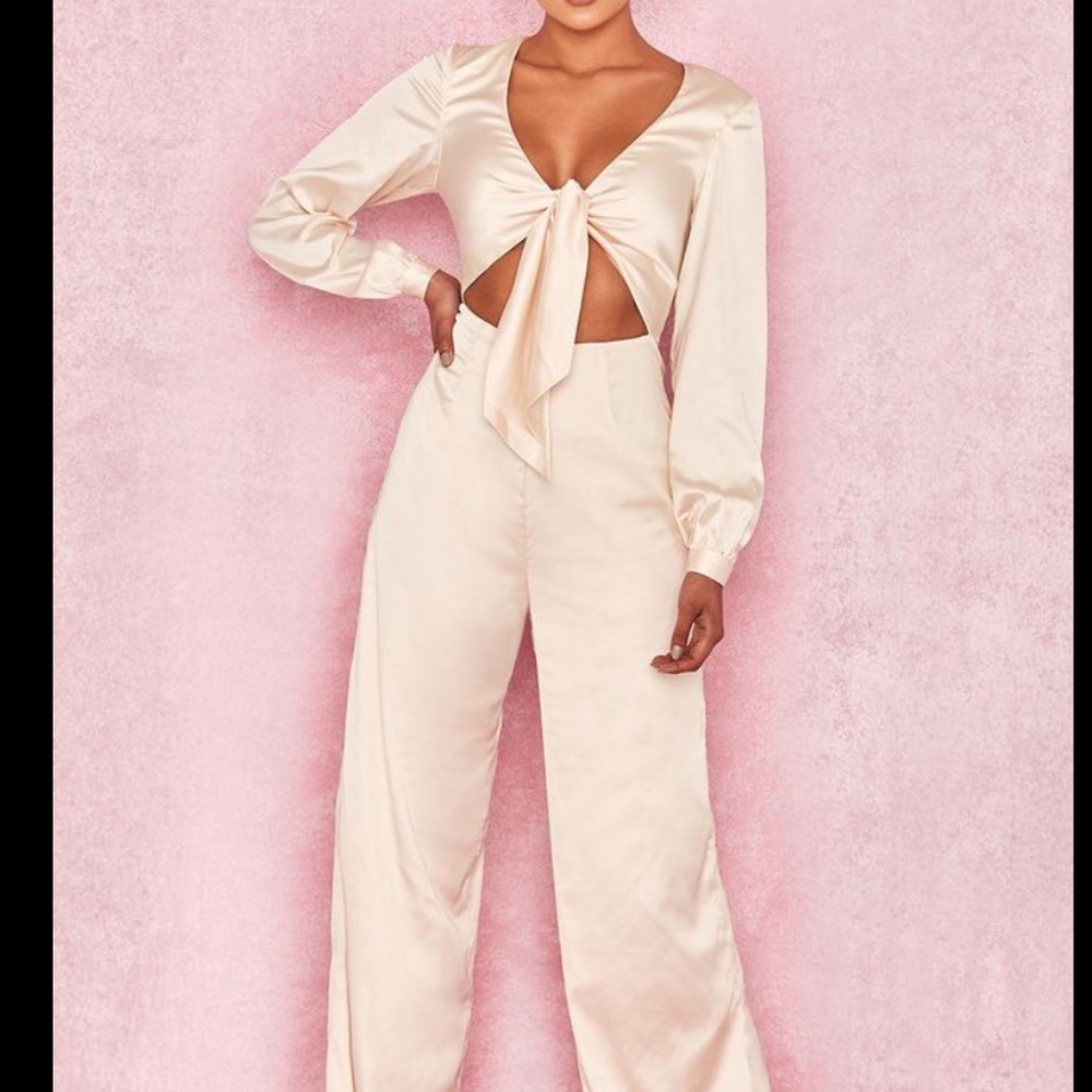 House Of CB,  'Elara' Cream Satin Tie Front Jumpsuit, Size M